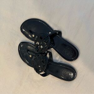 Black Leather Tory Burch Logo Sandals